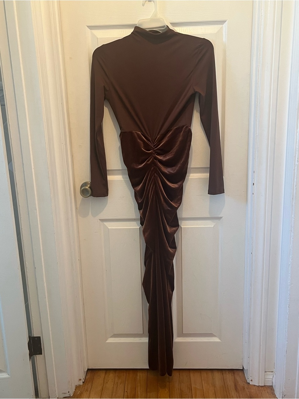 Brown Velvet Long Sleeve Maxi Dress With Back Slit, Sz S